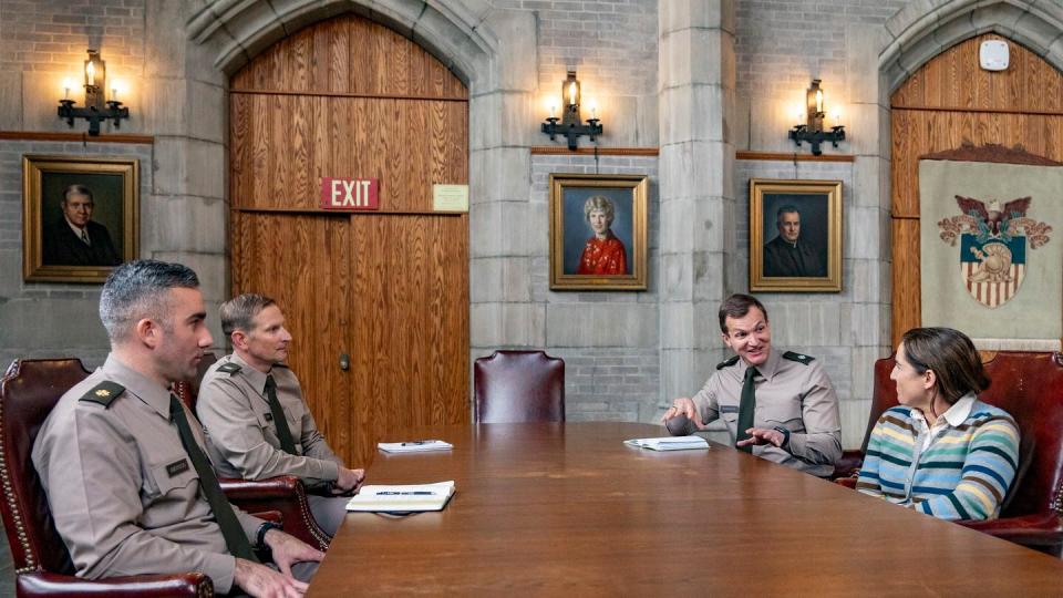 Officers and instructors participate in a roundtable discussion on how cadets are instructed on the Constitution at the U.S. Military Academy in West Point, N.Y., Wednesday, Nov. 29, 2023. (Peter K. Afriyie/AP)
