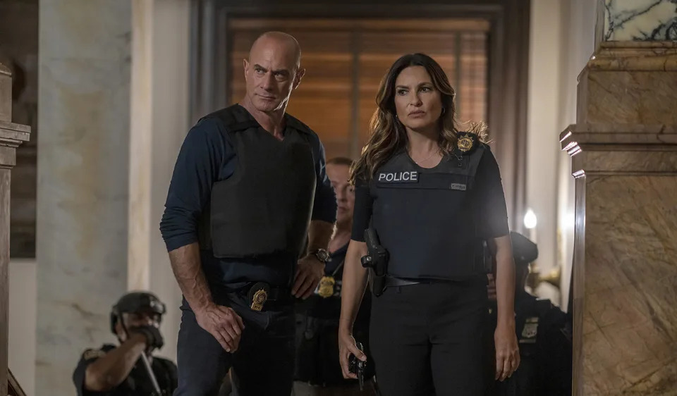 LAW & ORDER: PREMIERE -- "Gimme Shelter" -- Pictured: (l-r) Christopher Meloni as Detective Elliot Stabler, Mariska Hargitay as Captain Olivia Benson -- (Photo by: Zach Dilgard/NBC via Getty Images)