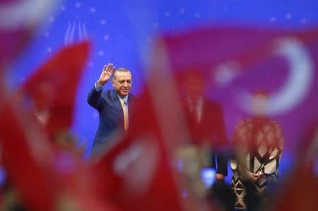 Turkish President Tayyip Erdogan greets supporters during a pre-election rally in Sarajevo, Bosnia and Herzegovina May 20, 2018. REUTERS/Dado Ruvic