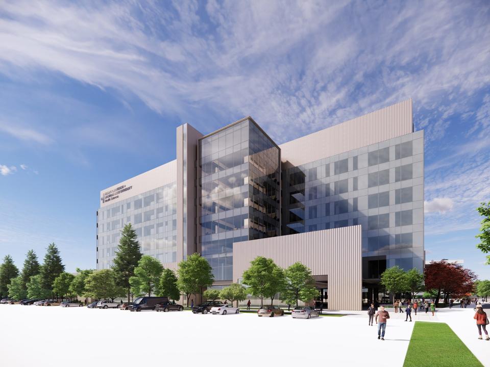 An artist's rendering of the entrance to the Nick Gilbert Neurofibromatosis Research Institute in partnership with Henry Ford Health + Michigan State University Health Sciences building.