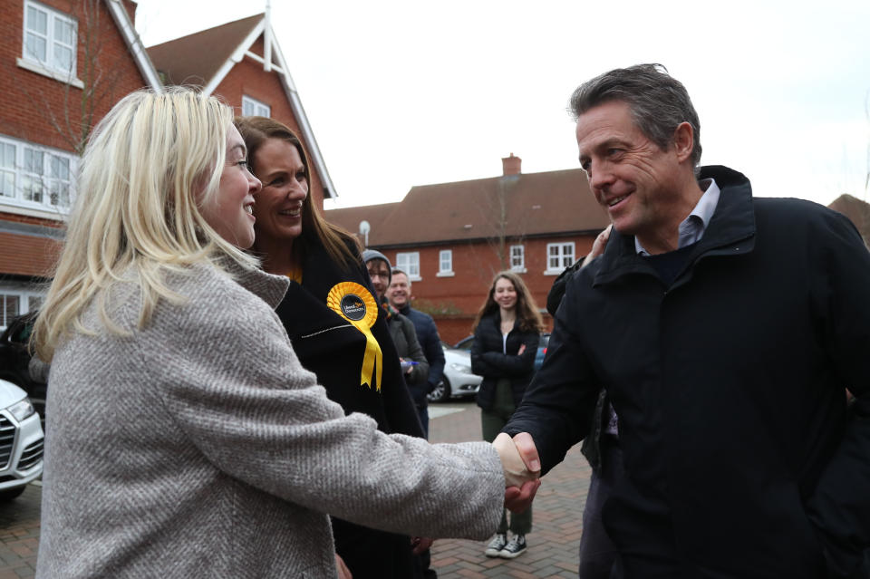 Actor Hugh Grant canvassing in Walton -on-Thames in the Esher & Walton constituency with Liberal Democrat candidate Monica Harding.