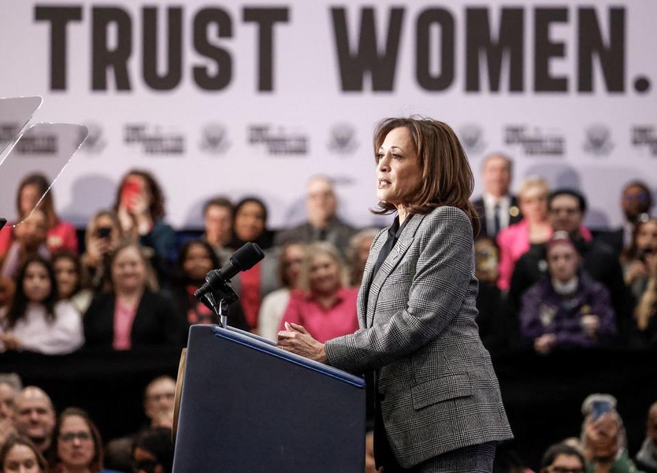 topshot us vice president kamala harris speaks at her fight for reproductive freedoms tour at the international union of painters and allied trades district council 7 in big bend, wisconsin, on january 22, 2024 vice president kamala harris is traveling to wisconsin on monday to kick off her nationwide