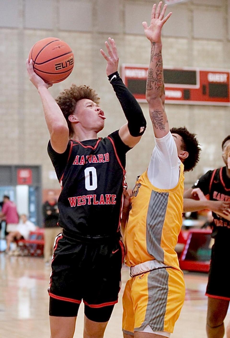 Trent Perry scores two of his game-high 17 points for Harvard-Westlake in Saturday's win against Foothill.