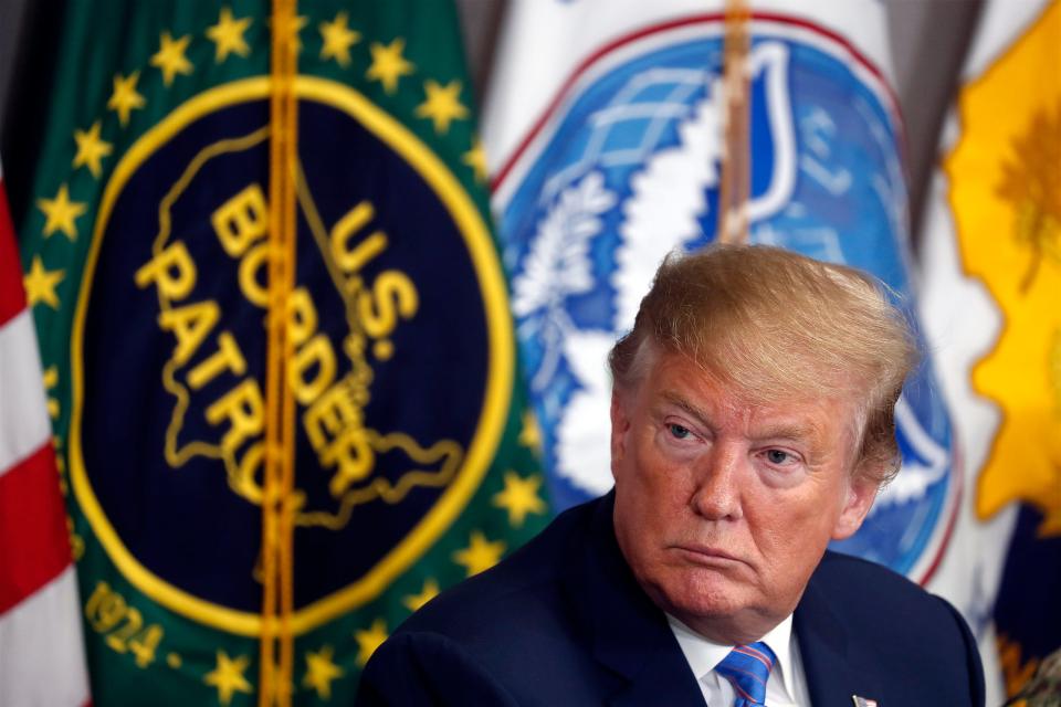 In this April 5, 2019 file photo, President Donald Trump participates in a roundtable on immigration and border security at the U.S. Border Patrol Calexico Station in Calexico, Calif.
