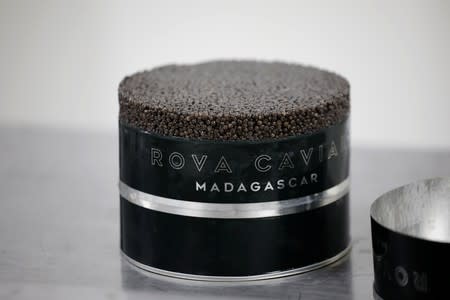 A can of Rova caviar is seen in the processing line at the Acipenser fish farm in Ambatolaona