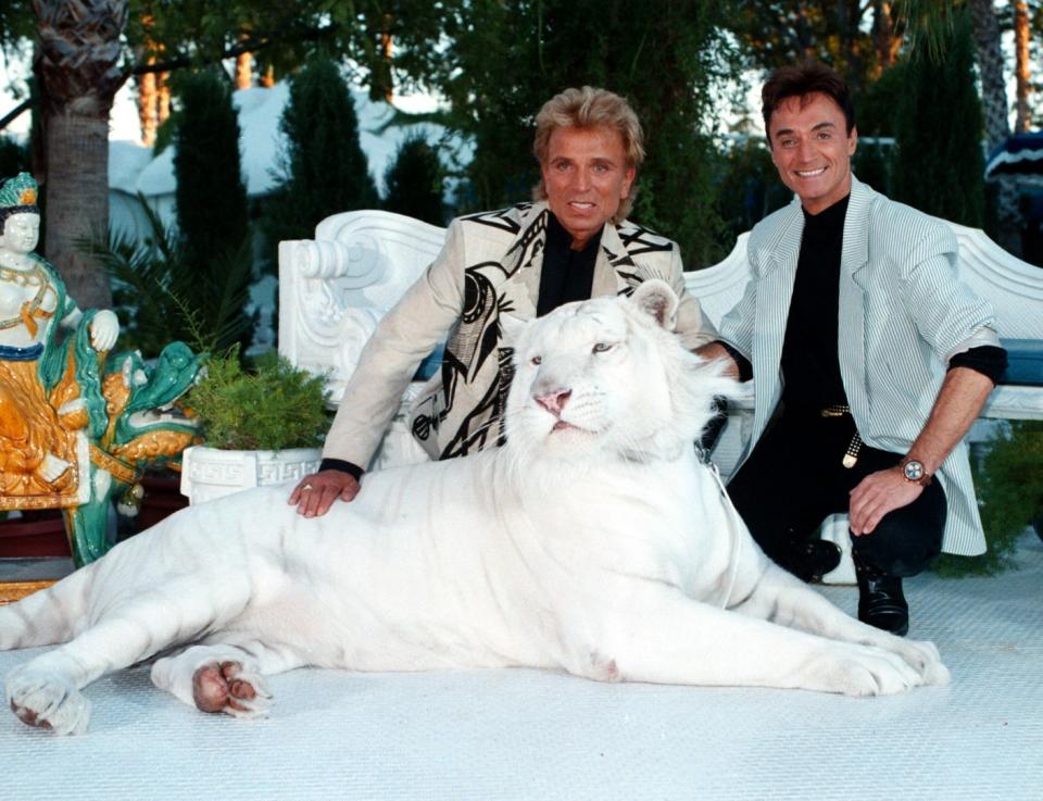 Siegfried & Roy pose with a white tiger. (Photo by Peter Bischoff/Getty Images)