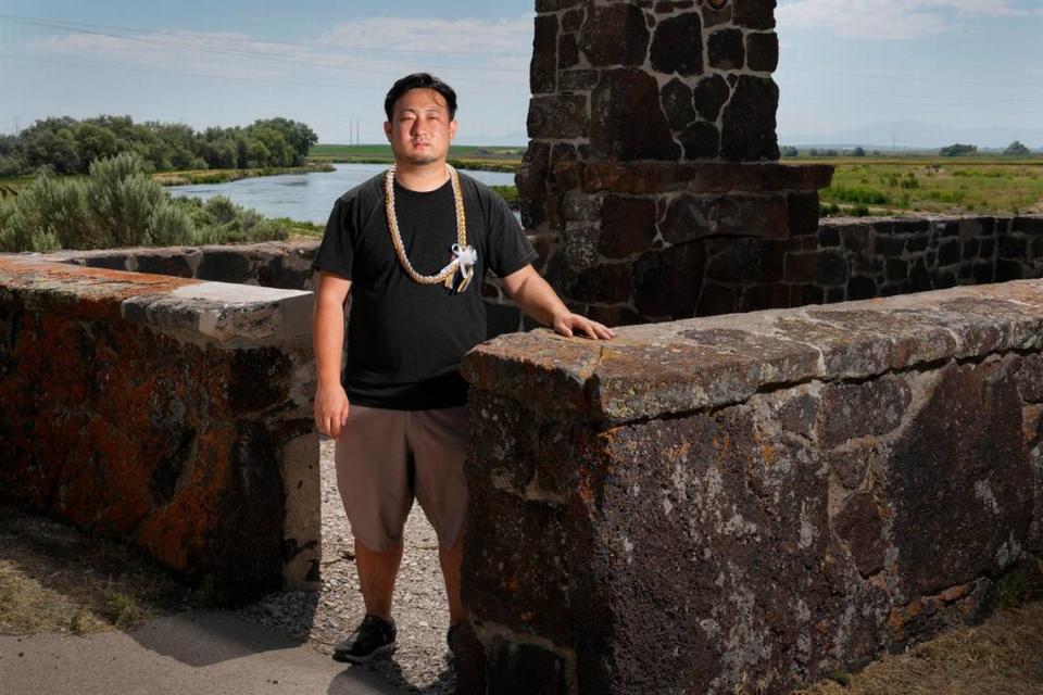 Minidoka Pilgrimage co-chair Stephen Kitajo, 34, whose grandparents were incarcerated at Minidoka, poses for a portrait at the remains of the historic reception building near the entrance to Minidoka. Lindsey Wasson/AP