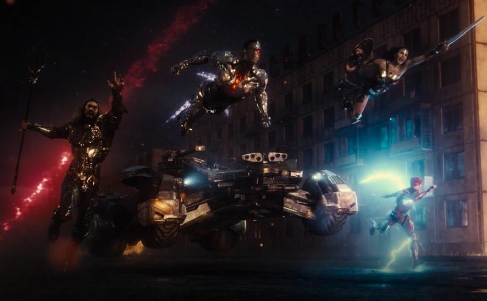 The Justice League moving down the street towards Steppenwolf's fortress in "Zack Snyder's Justice League"