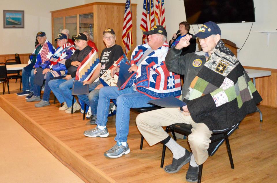 Fond du Lac Quilts of Valor recently presented six veterans with quilts. They are, from left, Gorden Jorgenson (Navy 1951-54), Wayne Faeder (Navy 1961-67), Ricky Bell (U.S. Marines 1975-80), Carl Bubolz (Army 1968-71), Robert Race (Army 1968-70) and Leonard Ziegler (Army 1954-62). This is the group's 20th year of awarding quilts to veterans who have been “touched by war.”