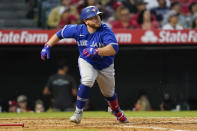 Toronto Blue Jays' Alejandro Kirk (30) runs on a double during the fifth inning of a baseball game against the Los Angeles Angels in Anaheim, Calif., Friday, May 27, 2022. (AP Photo/Ashley Landis)