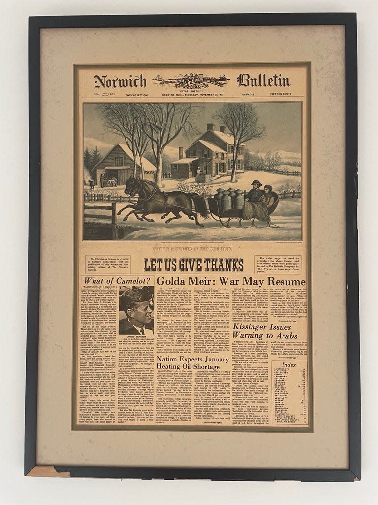 The Nov. 22, 1973 issue of The Norwich Bulletin, including artwork from Courrier and Ives and a 10-year retrospective on U.S. President John F. Kennedy's assassination.