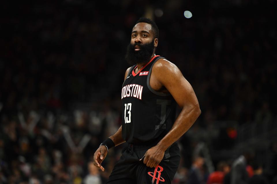 MILWAUKEE, WISCONSIN - MARCH 26:  James Harden #13 of the Houston Rockets walks backcourt during a game against the Milwaukee Bucks at Fiserv Forum on March 26, 2019 in Milwaukee, Wisconsin. NOTE TO USER: User expressly acknowledges and agrees that, by downloading and or using this photograph, User is consenting to the terms and conditions of the Getty Images License Agreement. (Photo by Stacy Revere/Getty Images)