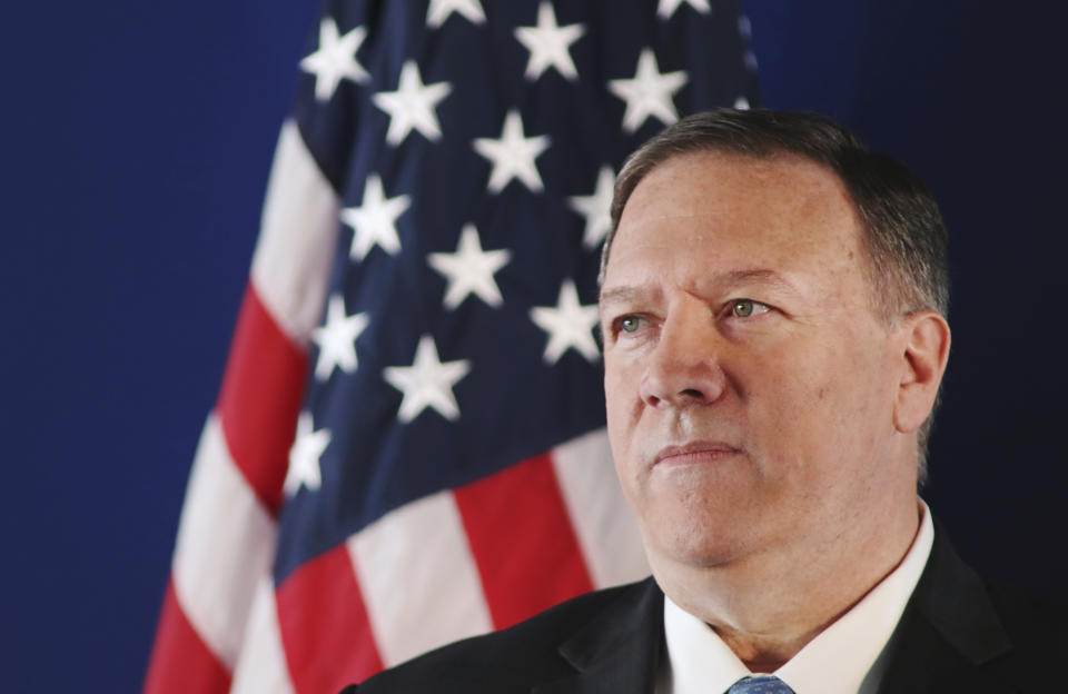 U.S. Secretary of State Mike Pompeo delivers a speech at the Stavros Niarchos Foundation Cultural Center in Athens, Saturday, Oct. 5, 2019. Pompeo is in Greece on the last leg of a four-nation European tour that has been overshadowed by the impeachment inquiry in Washington. Pompeo has sought to avoid the drama back home by focusing on matters directly related to his trip. (Costas Baltas/Pool via AP)