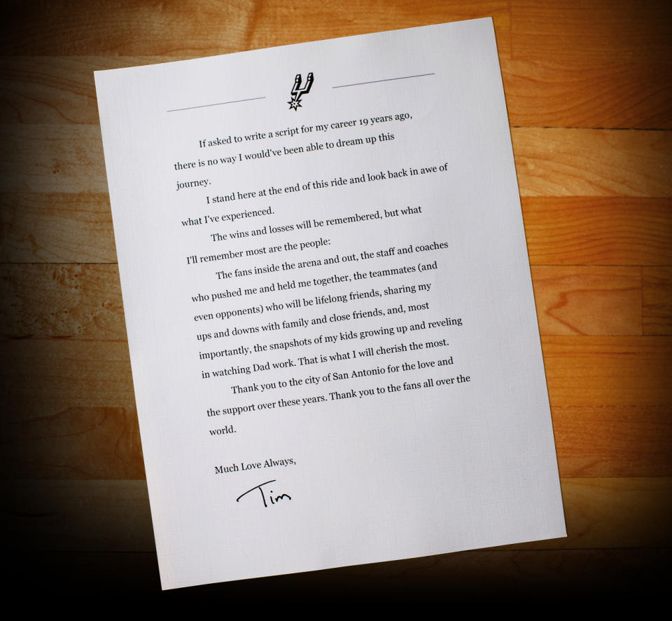 Tim Duncan's farewell letter to Spurs fans. (Image via Spurs.com)