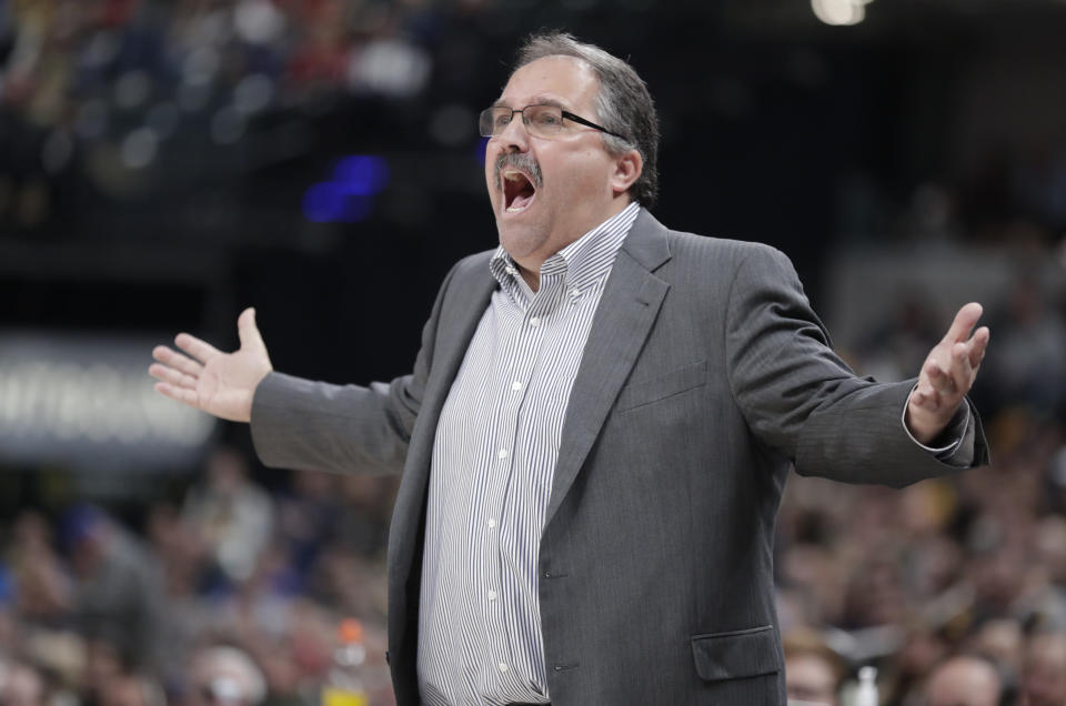 FILE - In this Dec. 15, 2017, file photo, Detroit Pistons head coach Stan Van Gundy gestures during the second half of an NBA basketball game against the Indiana Pacers in Indianapolis. Two people with knowledge of the situation say Stan Van Gundy has agreed to become the next coach of the New Orleans Pelicans, where he'll get the chance to work with No. 1 overall draft pick Zion Williamson. Van Gundy agreed to a four-year contract, according to one of the people who spoke Wednesday, Oct. 21, 2020, to The Associated Press on condition of anonymity because the hiring has not been announced. (AP Photo/Michael Conroy, File)