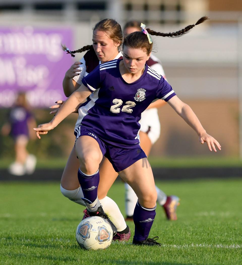 Jackson's Maggie Soehnlen controls the ball during Thursday's game against Stow.