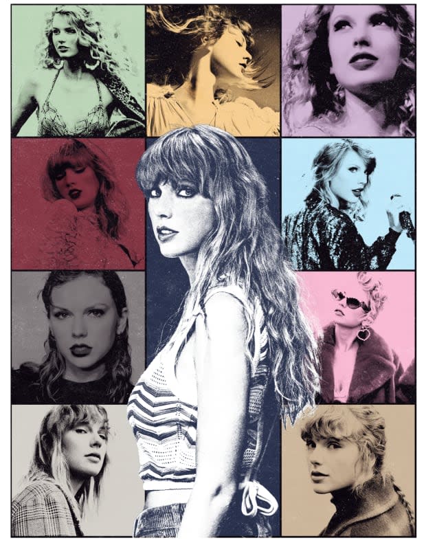 Taylor Swift's The Eras Tour poster features different eras of her career by album. Center: Present "Midnights" era. From left to right, top row: "Taylor Swift," "Fearless (Taylor's Version)," "Speak Now." Second row: "Red," "1989." Third row: "Reputation," "Lover." Fourth row: "folklore," "evermore."<p>Taylor Swift</p>