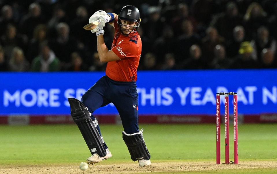 Jacob Bethell of England plays a shot during the 2nd Vitality IT20 match between England and Australia at Sophia Gardens on September 13, 2024 in Cardiff, Wales