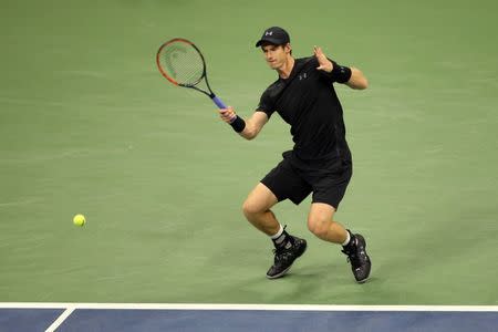 Sep 5, 2016; New York, NY, USA; Andy Murray of Great Britain hits to Grigor Dimitrov of Bulgaria on day eight of the 2016 U.S. Open tennis tournament at USTA Billie Jean King National Tennis Center. Mandatory Credit: Jerry Lai-USA TODAY Sports