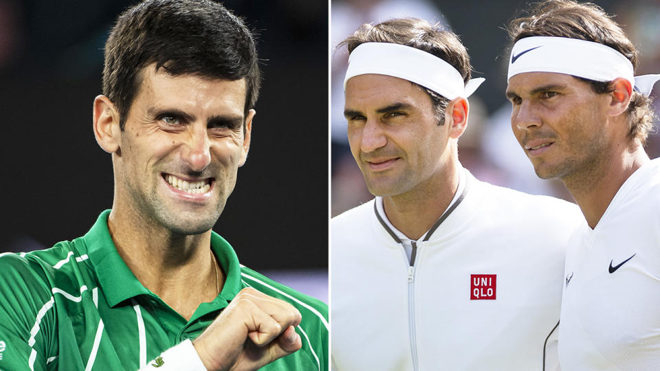 A 50-50 split image shows Novak Djokovic on the left and Roger Federer and Rafael Nadal posing together on the right.