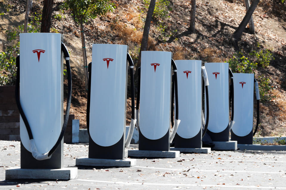 Newly installed car chargers at a Tesla Super Charging station are shown in Carlsbad, California, U.S. September 14, 2018.        REUTERS/Mike Blake