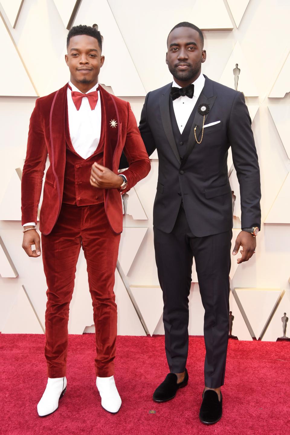 <h1 class="title">Stephan James in custom Etro with a Montblanc watch and cufflinks and a Swarovski pin and Shamier Anderson</h1><cite class="credit">Photo: Getty Images</cite>