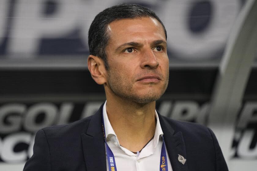 Mexico head coach Jaime Lozano looks on before a CONCACAF Gold Cup soccer quarterfinal against Costa Rica, Saturday, July 8, 2023, in Arlington, Texas. (AP Photo/Sam Hodde)