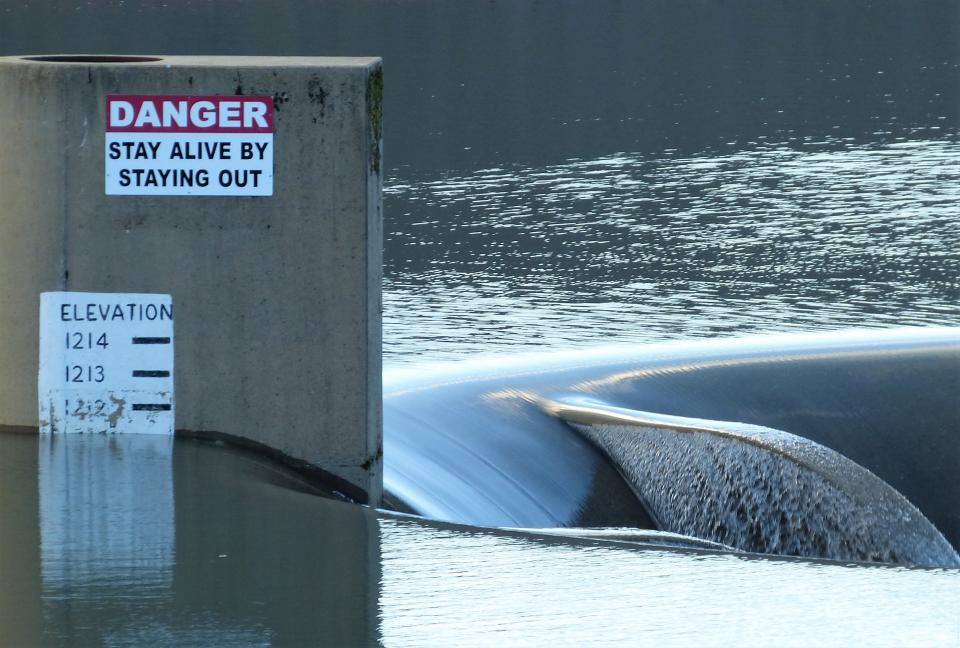 When Whiskeytown Lake reaches the 1,211 foot elevation water spills into the Glory Hole.