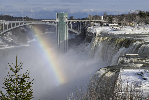 A view of Niagara Falls as it is partially frozen due to extreme cold weather in New York.  / Credit: Fatih Aktas/Anadolu Agency via Getty Images