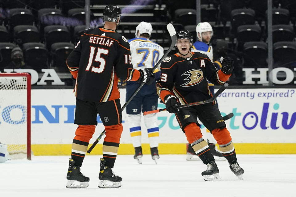 Anaheim Ducks right wing Jakob Silfverberg (33) celebrates after scoring a goal during the first period of an NHL hockey game Sunday, Jan. 31, 2021, in Anaheim, Calif. (AP Photo/Ashley Landis)