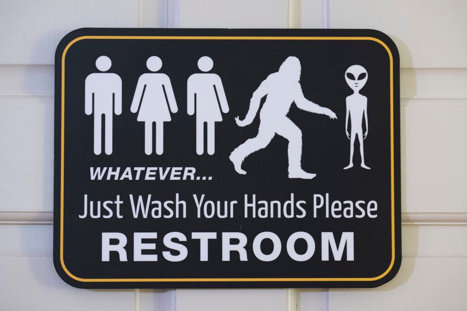 A sign is seen on the restroom of the Pride Inn Airbnb in January 2023 in Columbus’ Near East Side neighborhood.
