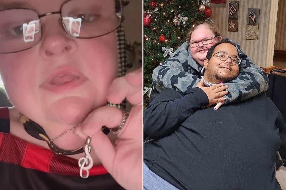 <p>Tammy Slaton TikTok; Tammy Slaton Instagram</p> Tammy Slaton showing her necklace containing the ashes of her late husband Caleb Willingham