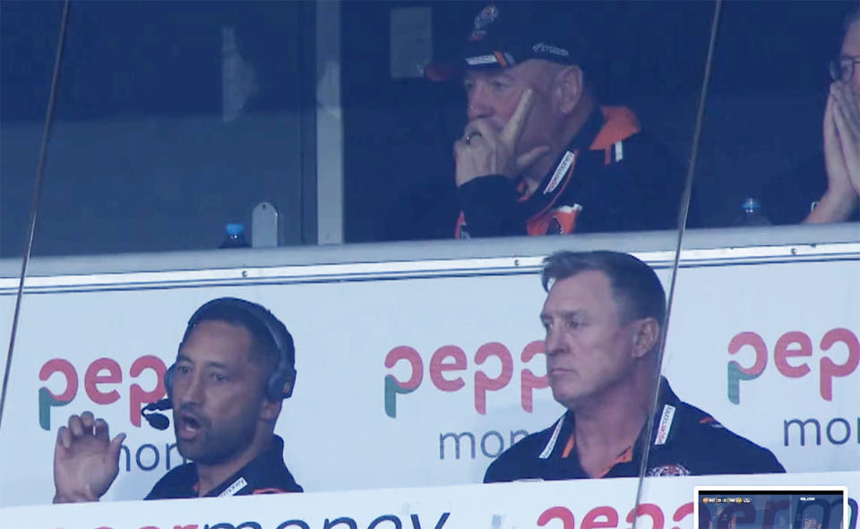 Benji Marshall, pictured here appearing to be in charge of the Wests Tigers against Parramatta. 