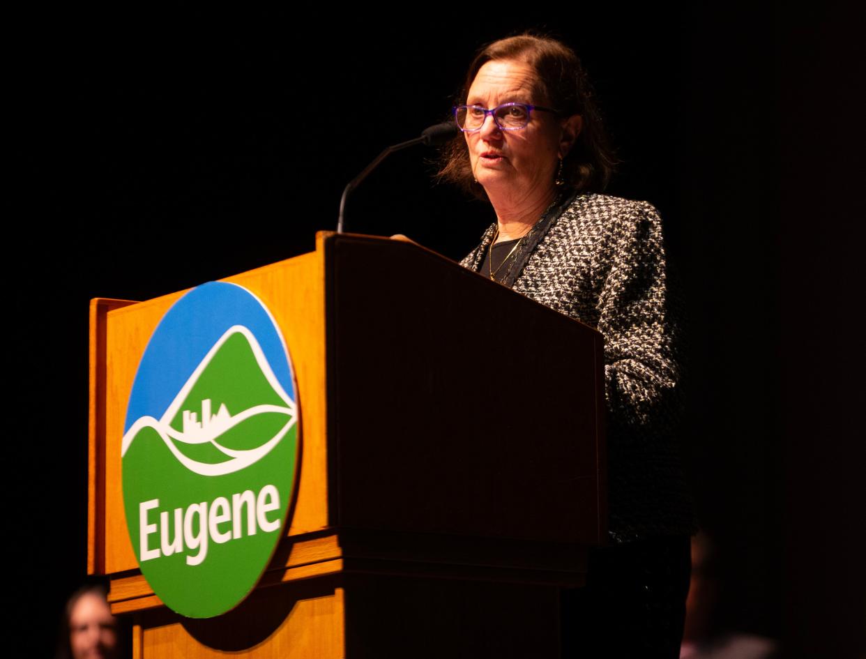 Eugene Mayor Lucy Vinis delivers the 2024 State of City address at the Hult Center in Eugene, Ore. Jan 8, 2024.