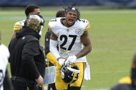 Pittsburgh Steelers safety Marcus Allen (27) celebrates after a 45-yard field goal attempt by Tennessee Titans kicker Stephen Gostkowski was no good in the final seconds of the fourth quarter in an NFL football game Sunday, Oct. 25, 2020, in Nashville, Tenn. The Steelers won 27-24. (AP Photo/Mark Zaleski)