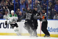 Tampa Bay Lightning center Ross Colton (79) celebrates his goal against the Dallas Stars with left wing Boris Katchouk (13) during the third period of an NHL hockey game Saturday, Jan. 15, 2022, in Tampa, Fla. (AP Photo/Chris O'Meara)