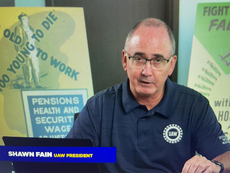 UAW Shawn Fain gives a contract update to workers via a Facebook and YouTube live presentation on Aug. 31, 2023.