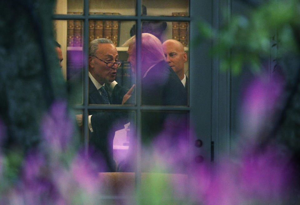 Senate Minority Leader Chuck Schumer (D-N.Y.) makes a point to President Donald Trump in the Oval Office on&nbsp;Wednesday.&nbsp; (Photo: Alex Wong via Getty Images)