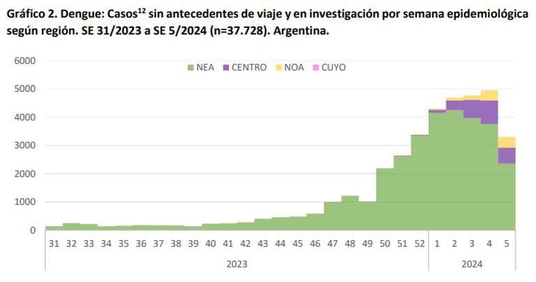 Casos de dengue en las primeras cinco semanas del 2024 según región. Foto: Ministerio de Salud.