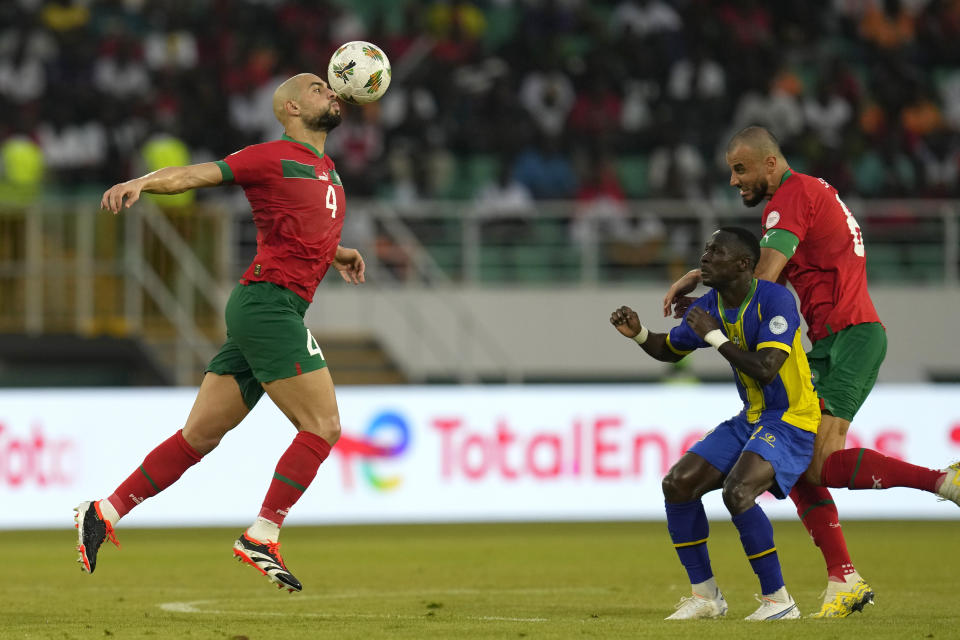 Morocco's Sofyan Amrabat controls the ball in the air during the African Cup of Nations Group F soccer match between Morocco and Tanzania at the Laurent Pokou stadium in San Pedro, Ivory Coast, Wednesday, Jan. 17, 2024. (AP Photo/Themba Hadebe)