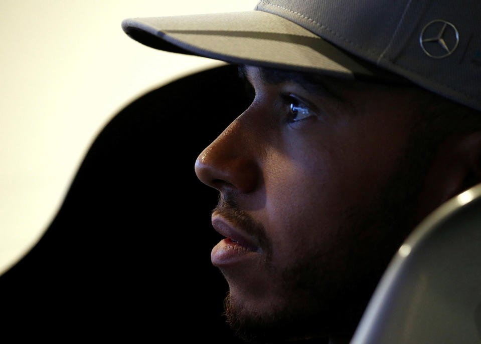 Mercedes’ Lewis Hamilton of Britain attends a publicity event ahead of the Singapore F1 Grand Prix Night Race