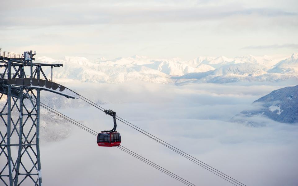 The Whistler Peak 2 Peak gondola connects the Whistler Mountain Roundhouse Lodge with the Blackcomb Mountain Rendezvous Lodge