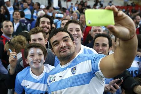 Rugby Union - Argentina v Georgia - IRB Rugby World Cup 2015 Pool C - Kingsholm, Gloucester, England - 25/9/15 Argentina's Agustin Creevy celebrates with fans at the end of the match Action Images via Reuters / Paul Childs Livepic