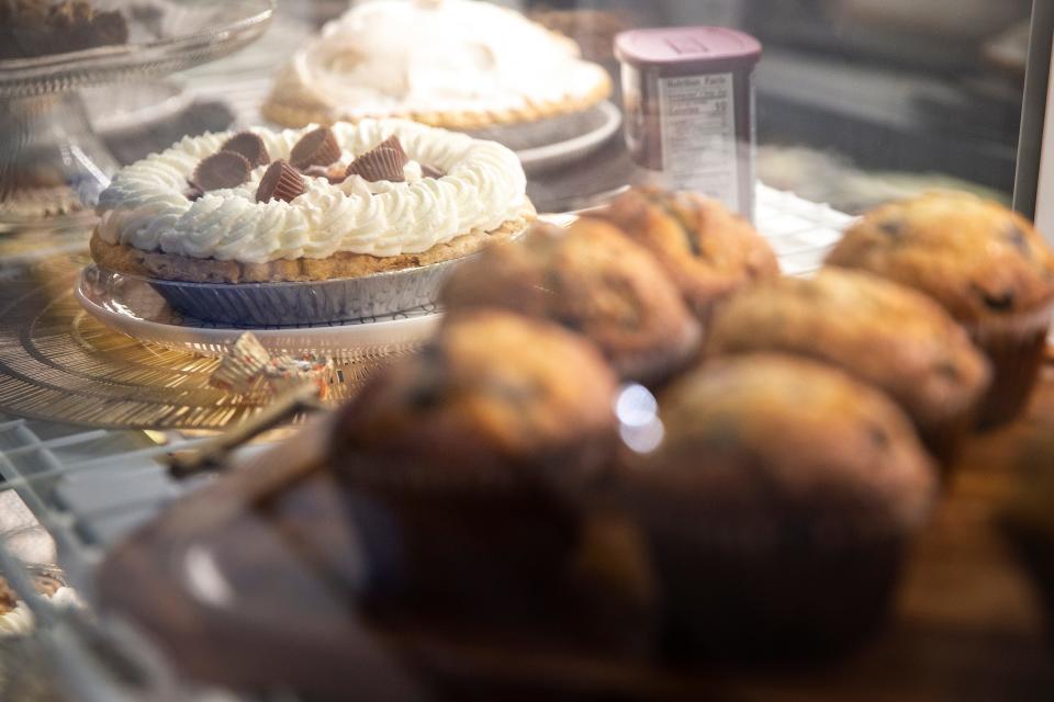 Perkins is known for its desserts, such as this peanut butter silk pie seen in a display case at the remodeled restaurant Wednesday.