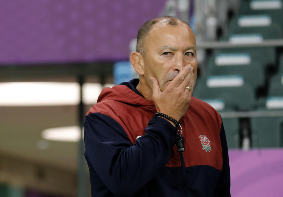 England's coach Eddie Jones arrives for a training session in Oita, Japan, Friday, Oct. 18, 2019. England will face Australia in the quarterfinals at the Rugby World Cup on Oct. 19. (AP Photo/Christophe Ena)