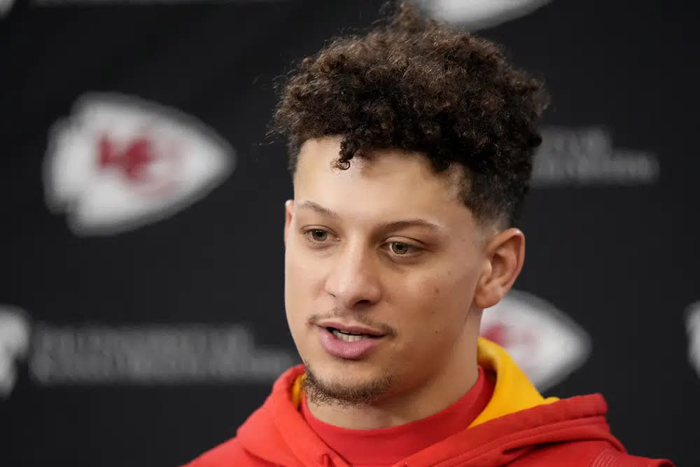 Kansas City Chiefs quarterback Patrick Mahomes talks to the media before an NFL football workout Thursday, Feb. 2, 2023, in Kansas City, Mo. (AP Photo/Charlie Riedel)