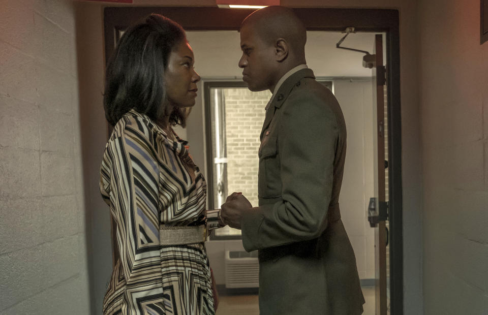 This image released by A24 Films shows Gabrielle Union, left, and Jeremy Pope in a scene from "The Inspection." (Patti Perret/A24 Films via AP)