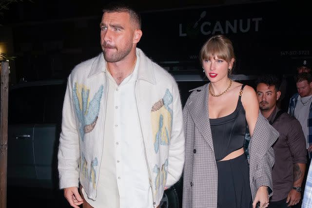 <p>Gotham/GC Images</p> Travis Kelce and Taylor Swift arrive at the SNL afterparty in October 2023