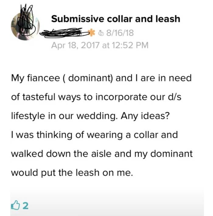 A bride-to-be asking for recommendations of how to incorporate their S&M lifestyle into their wedding, with a suggestion of her wearing a collar and her husband putting a leash on her