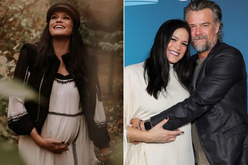 <p>Taylor Jane Photography, Ethan Miller/Getty</p> Pregnant Audra Mari celebrates outdoor fall baby shower with Josh Duhamel.